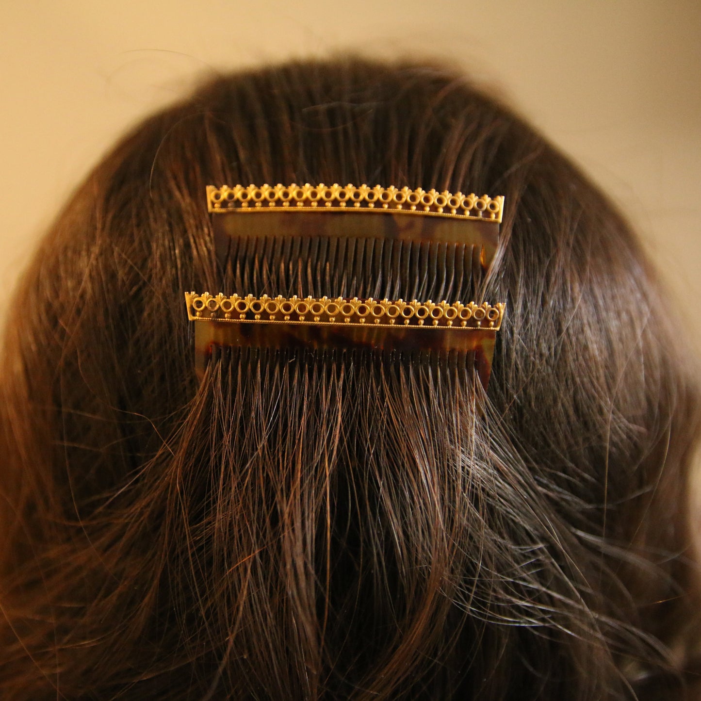 Antique 14KT Yellow Gold Hair Combs in hair