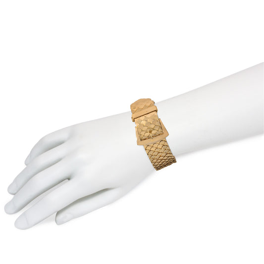 French Retro 18KT Yellow Gold Buckle Bracelet on wrist