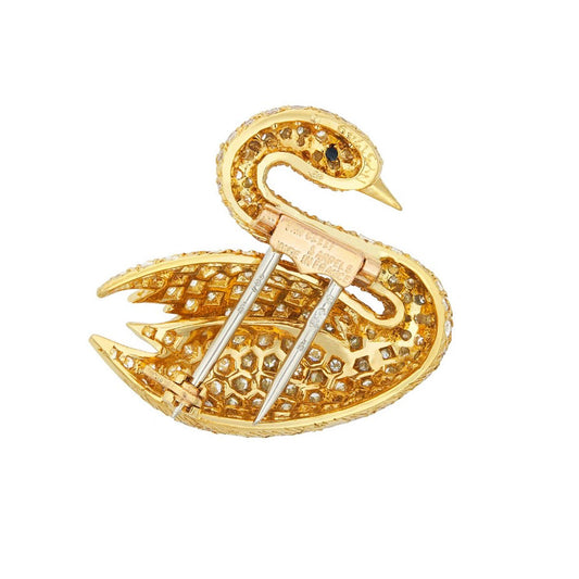 Van Cleef & Arpels NY Post-1980s 18KT Yellow Gold Sapphire & Diamond Swan Brooch back and signature
