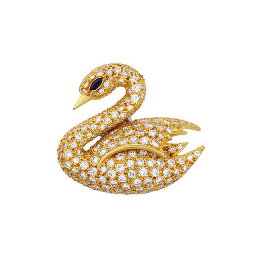 Van Cleef & Arpels NY Post-1980s 18KT Yellow Gold Sapphire & Diamond Swan Brooch front