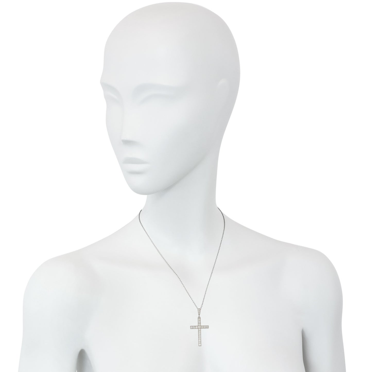 French Art Deco Platinum Diamond Cross Pendant on neck