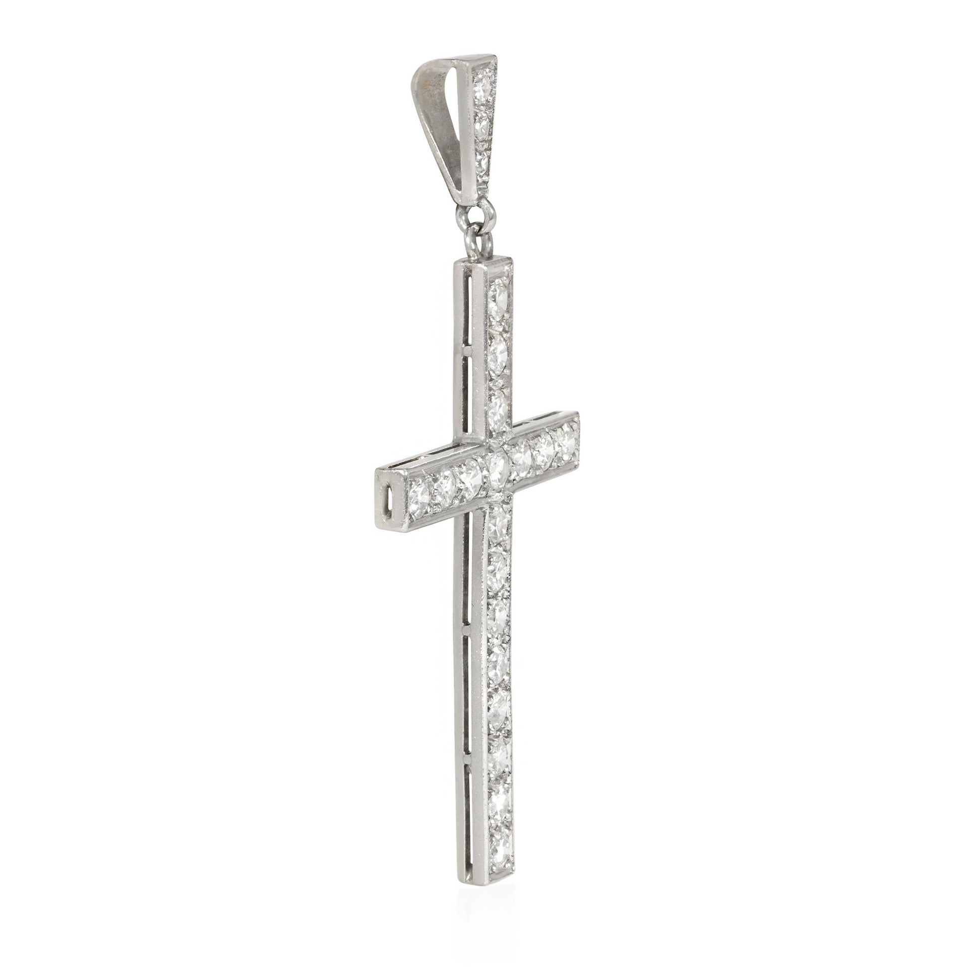 French Art Deco Platinum Diamond Cross Pendant side