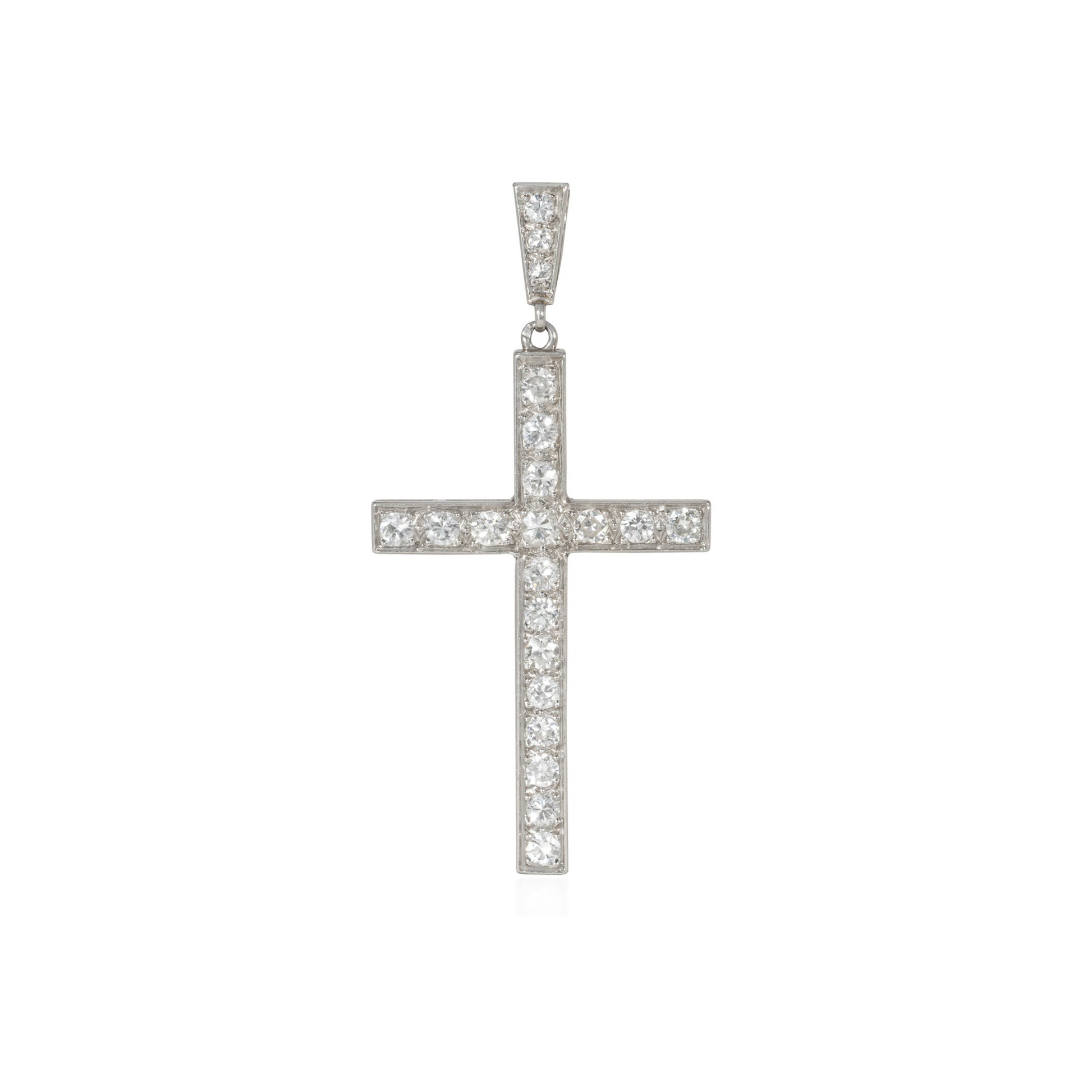 French Art Deco Platinum Diamond Cross Pendant front