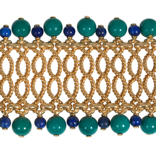 Bulgari France 1960s 18KT Yellow Gold Turquoise & Lapis Bracelet close-up details