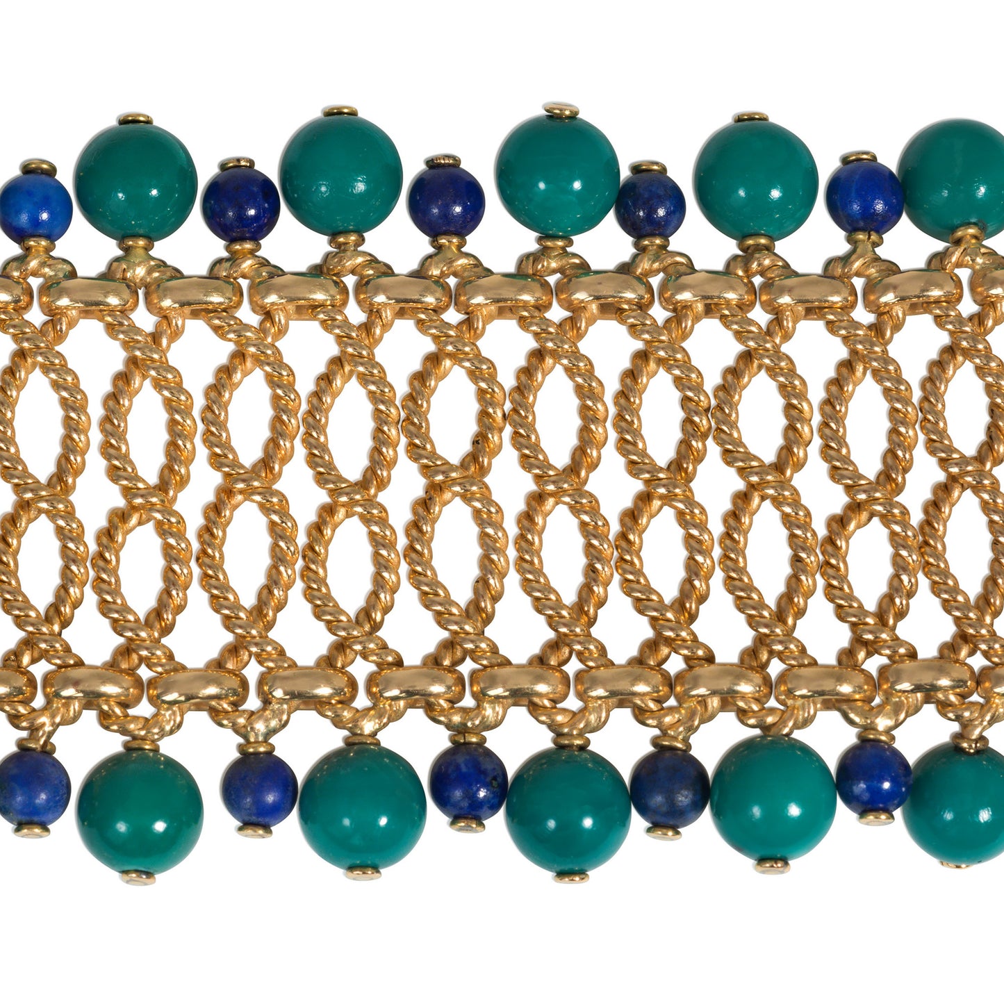 Bulgari France 1960s 18KT Yellow Gold Turquoise & Lapis Bracelet close-up details