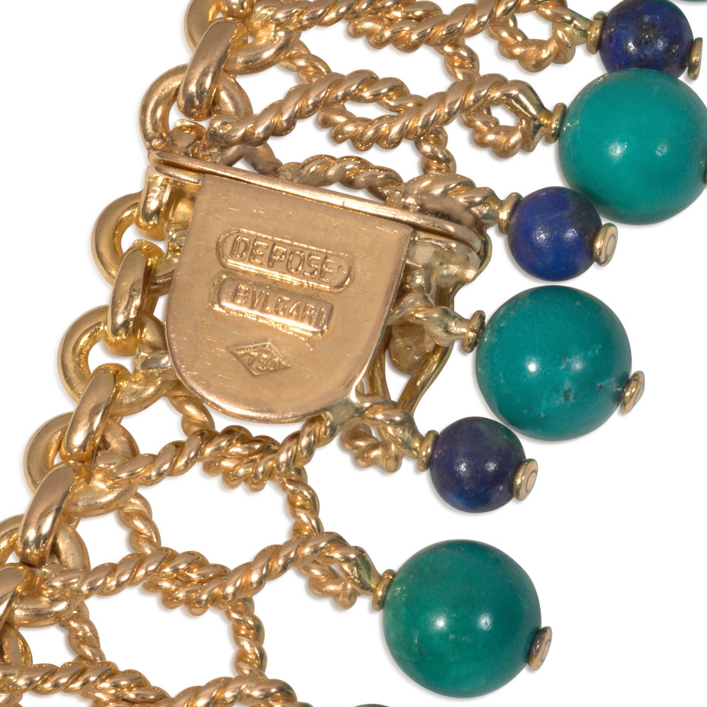 Bulgari France 1950s 18KT Yellow Gold Turquoise & Lapis Necklace signature