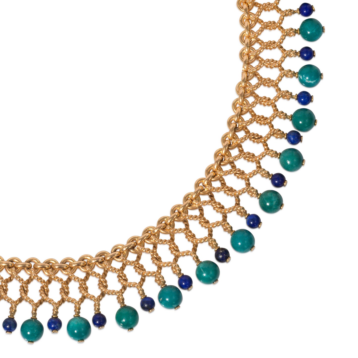 Bulgari France 1950s 18KT Yellow Gold Turquoise & Lapis Necklace close-up details