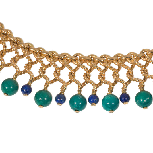Bulgari France 1950s 18KT Yellow Gold Turquoise & Lapis Necklace close-up details