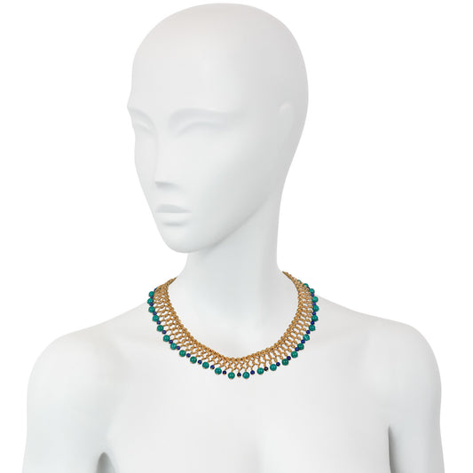 Bulgari France 1950s 18KT Yellow Gold Turquoise & Lapis Necklace on neck