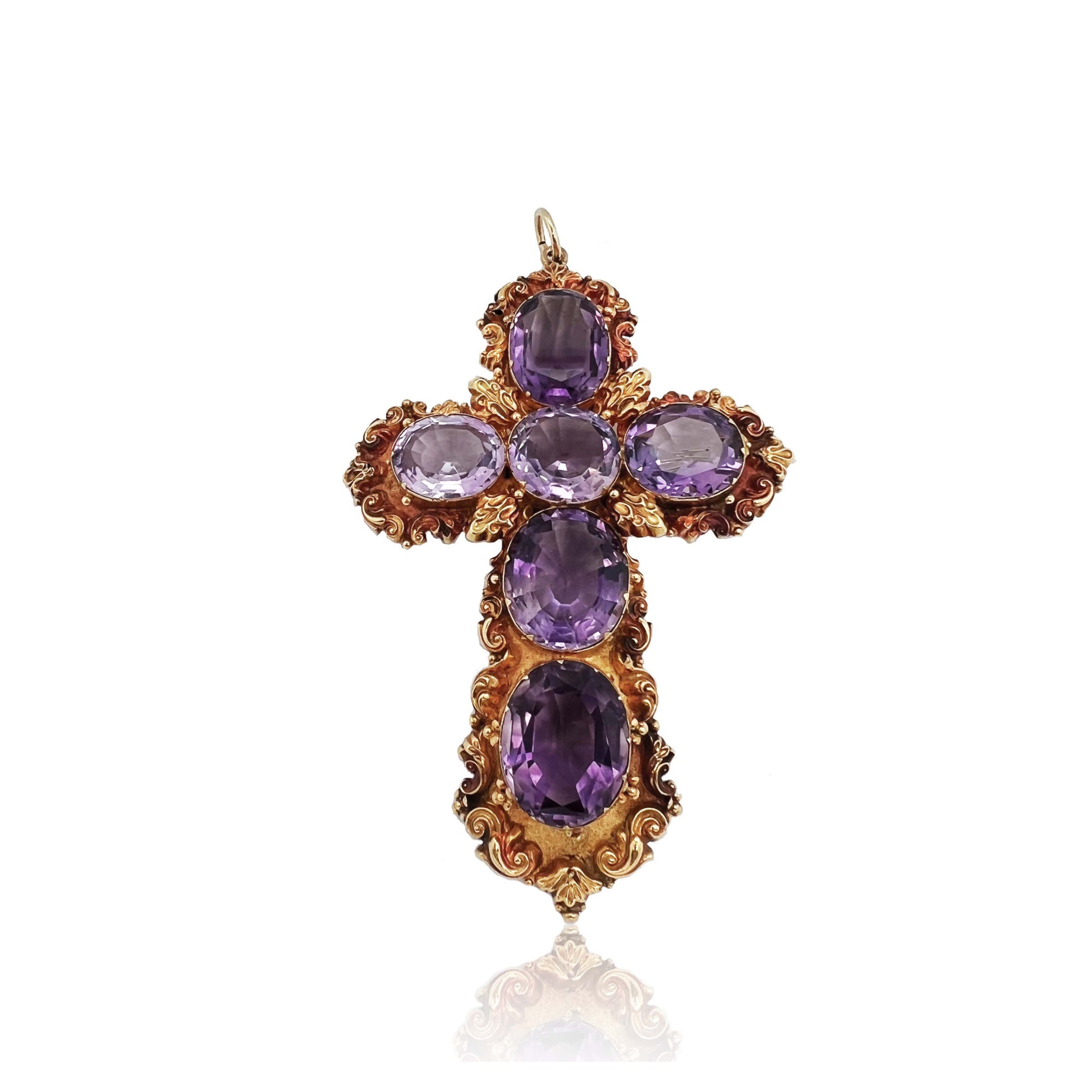 Victorian 15KT Yellow Gold Amethyst Cross Pendant Brooch front view