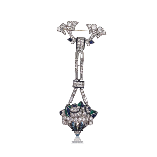 Mauboussin Art Deco Platinum Diamond & Enamel Lapel Watch Brooch back view