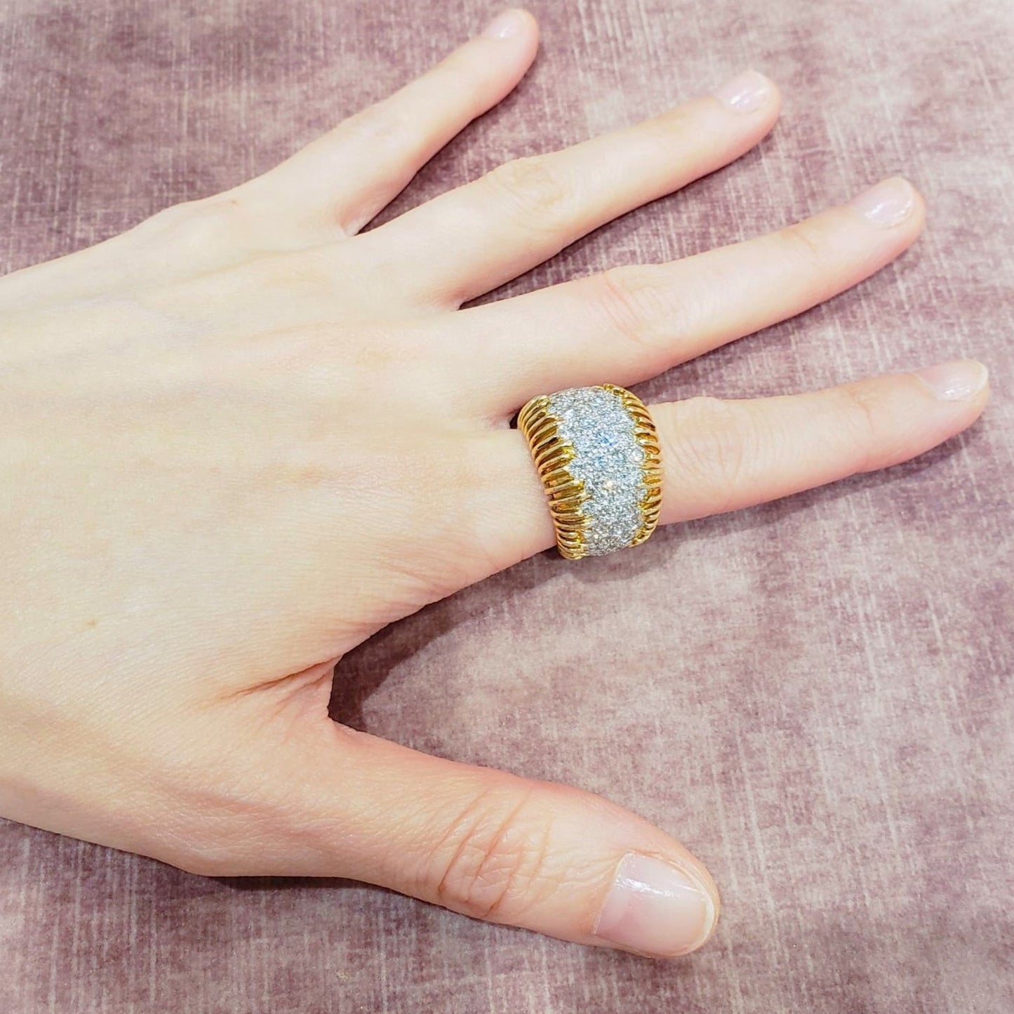 1960s Platinum & 18KT Yellow Gold Diamond Ring on finger