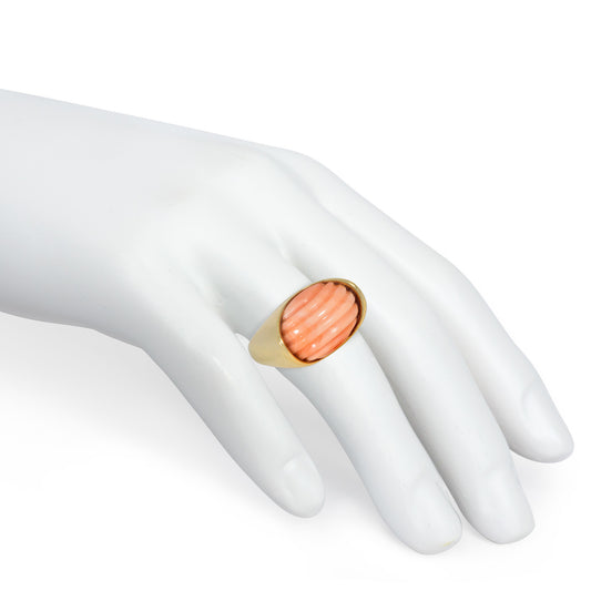 Tiffany & Co. 1970s 18KT Yellow Gold Coral Ring on finger