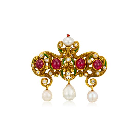 Marcus & Co. Art Nouveau 18KT Yellow Gold Ruby, Natural Pearl & Enamel Brooch front