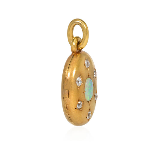 French Victorian 18KT Yellow Gold Opal & Diamond Locket Pendant side