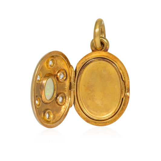 French Victorian 18KT Yellow Gold Opal & Diamond Locket Pendant inside