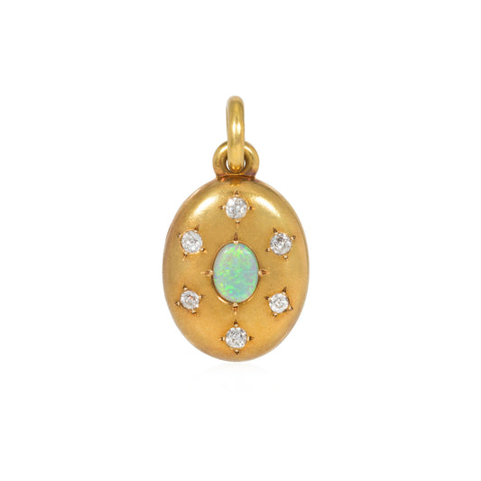 French Victorian 18KT Yellow Gold Opal & Diamond Locket Pendant front