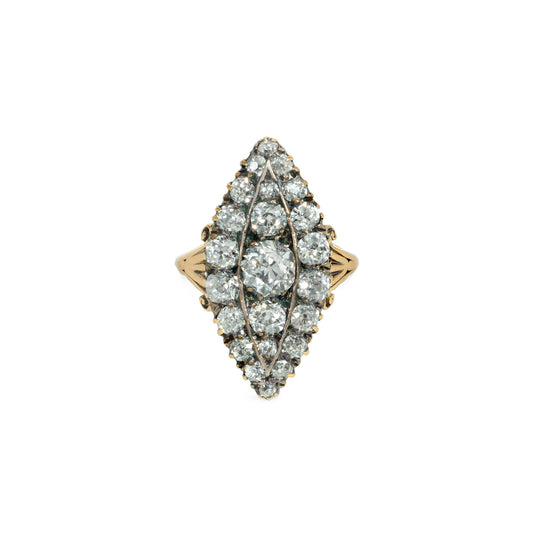 Art Nouveau Silver & 15KT Yellow Gold Diamond Ring front