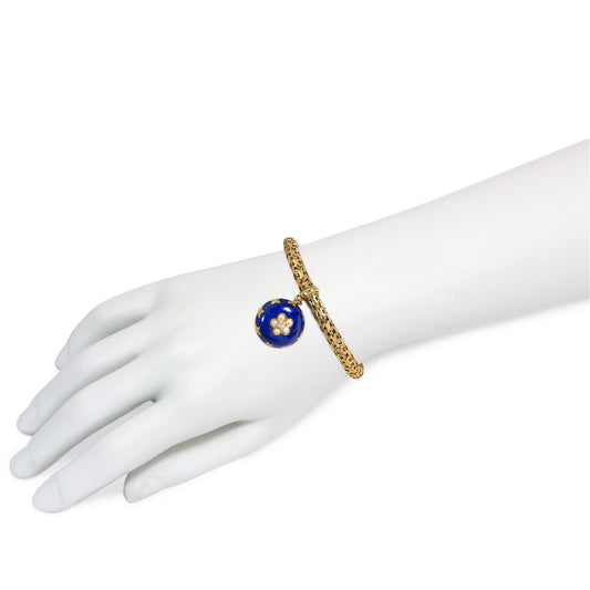 Victorian 18KT Yellow Gold Diamond, Enamel & Natural Pearl Locket Bracelet on wrist