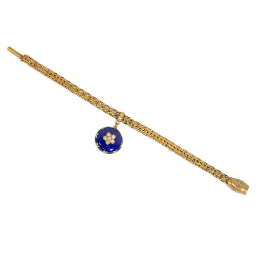 Victorian 18KT Yellow Gold Diamond, Enamel & Natural Pearl Locket Bracelet front