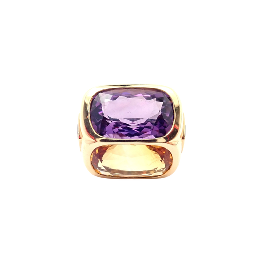 Marina B. 1980s 18KT White & Yellow Gold Amethyst & Citrine Ring front