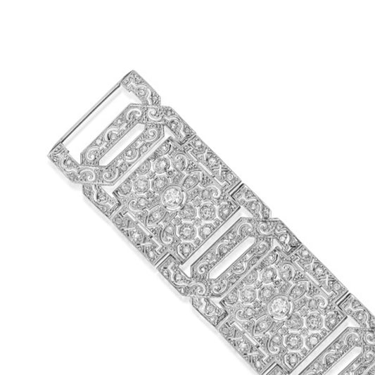 South American Art Deco 14KT White Gold Diamond Bracelet close-up details