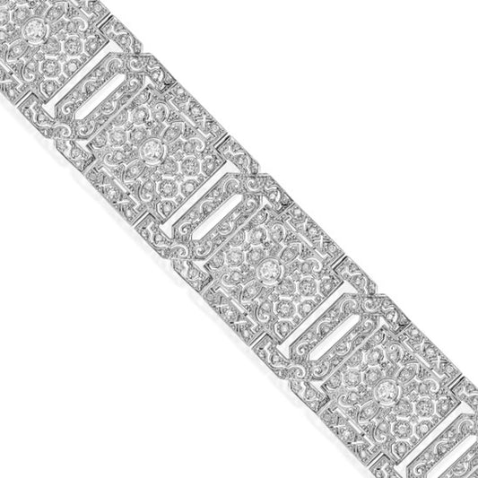 South American Art Deco 14KT White Gold Diamond Bracelet close-up details