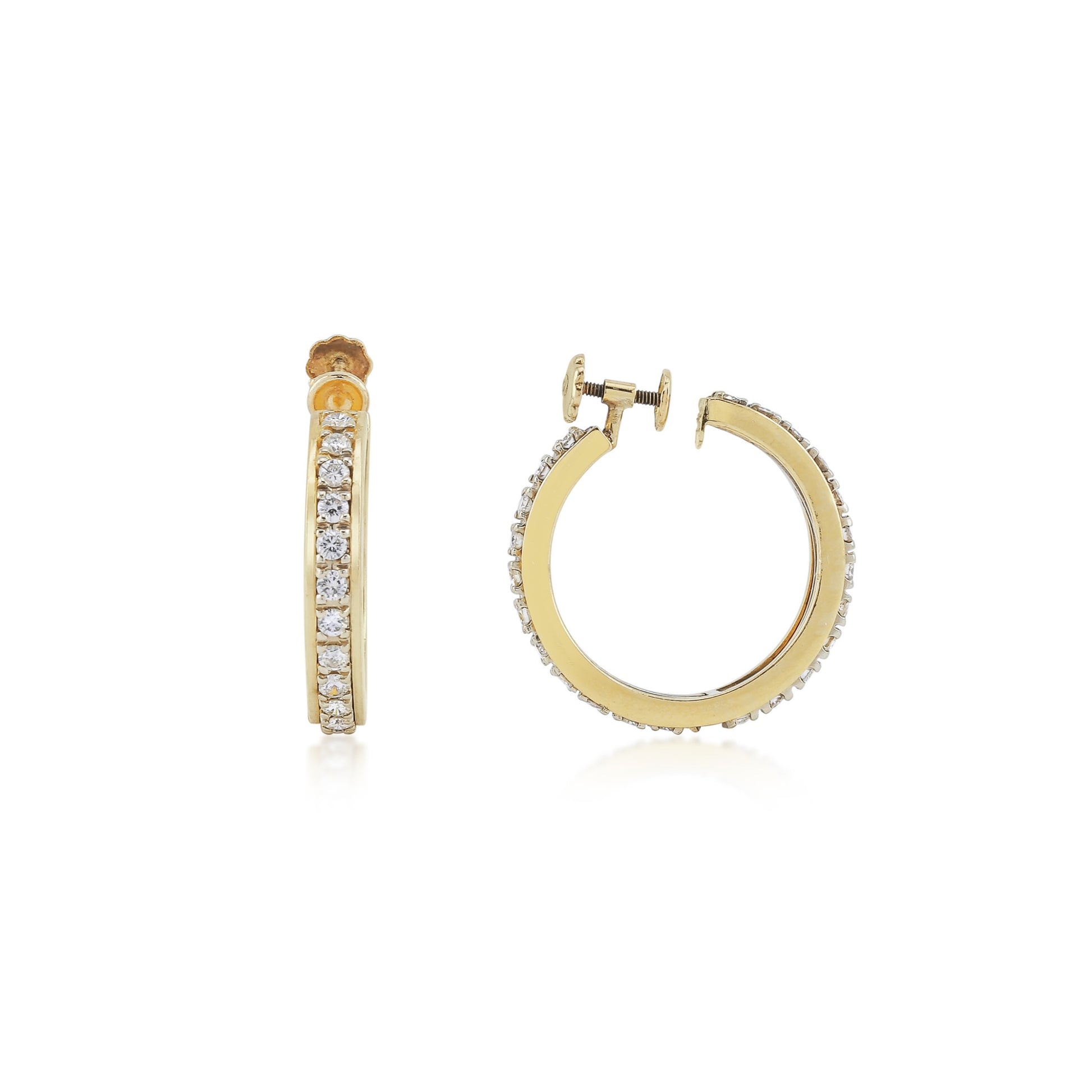 1970s 14KT Yellow Gold Diamond Hoop Earrings front and side