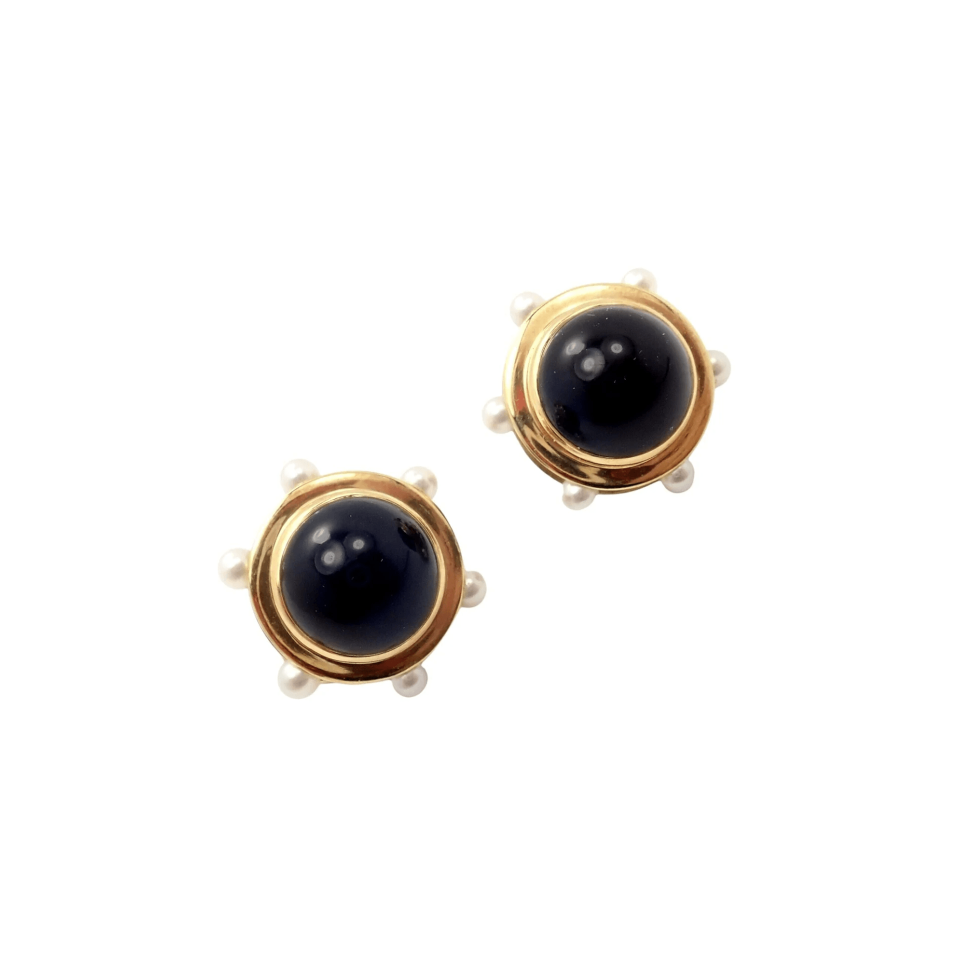 Tiffany & Co. 1980s 18KT Yellow Gold Pearl & Onyx Earrings front