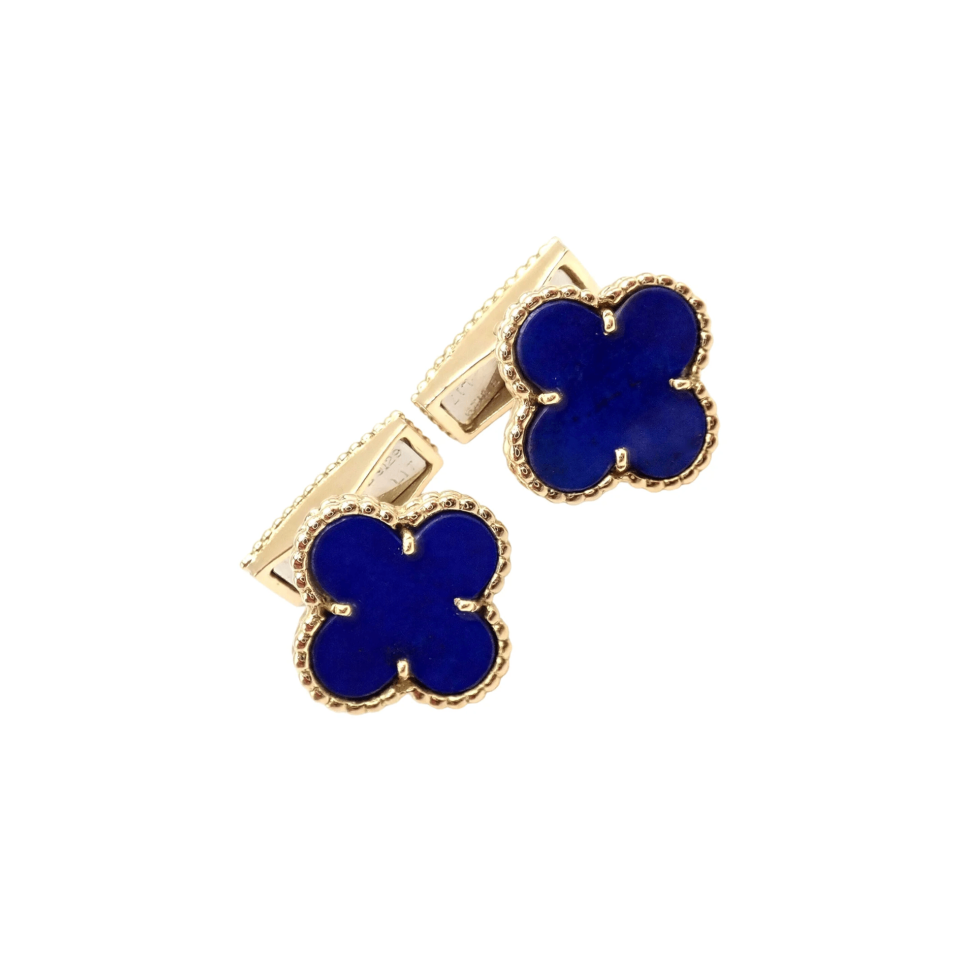 Van Cleef & Arpels French Post-1980s 18KT Yellow Gold Lapis Lazuli Alhambra Cufflinks front