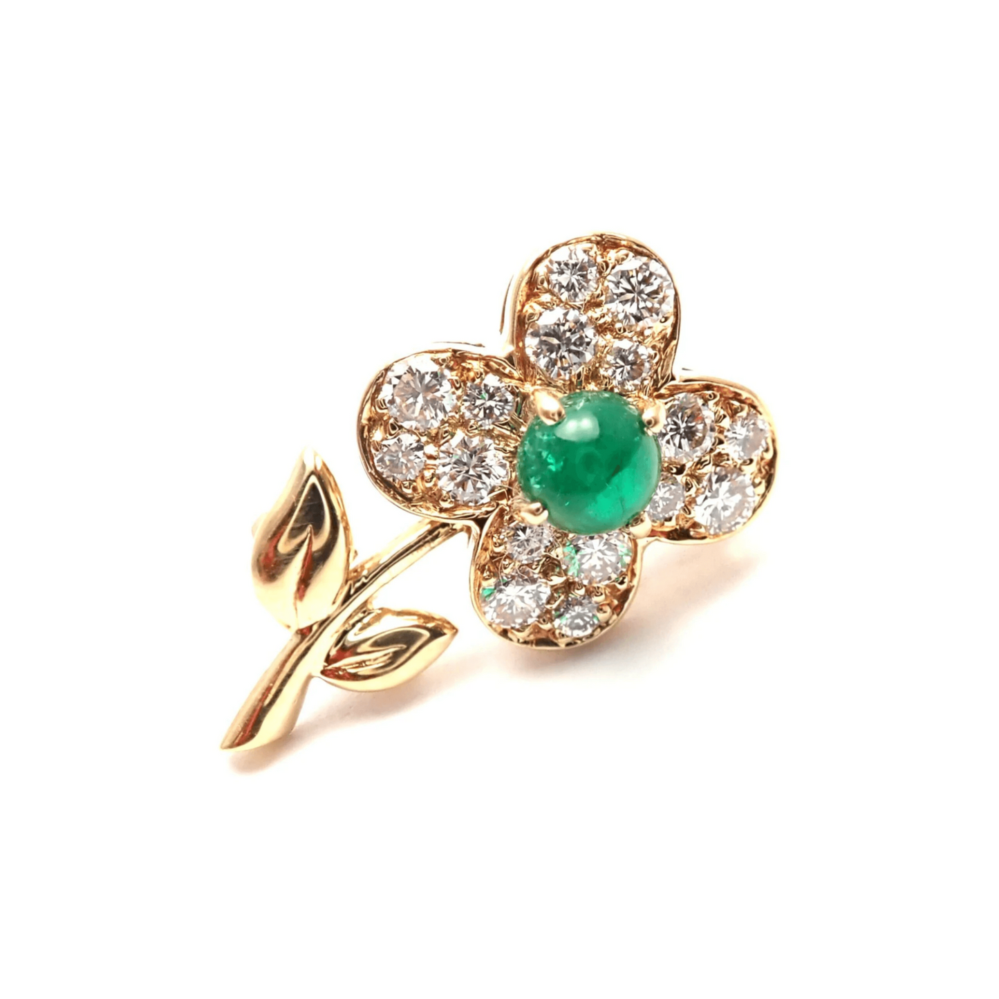 Van Cleef & Arpels Post-1980s 18KT Yellow Gold Emerald & Diamond Flower Brooch front