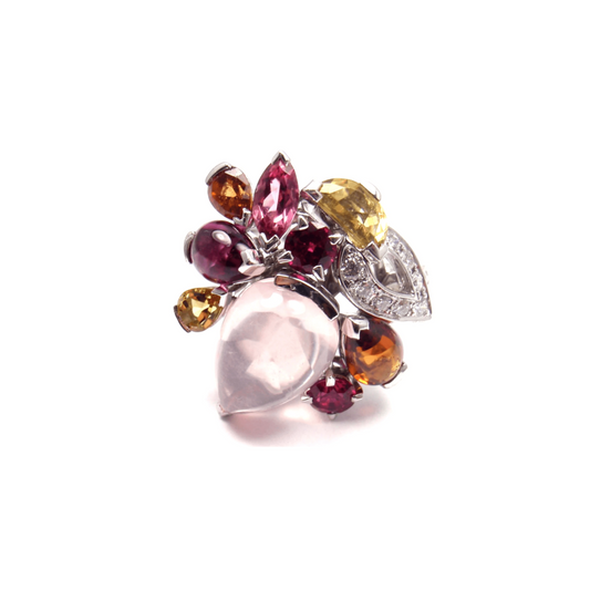 Cartier Post-1980s 18KT White Gold Rose Quartz, Diamond, Ruby, Sapphire & Tourmaline Sorbet Ring front