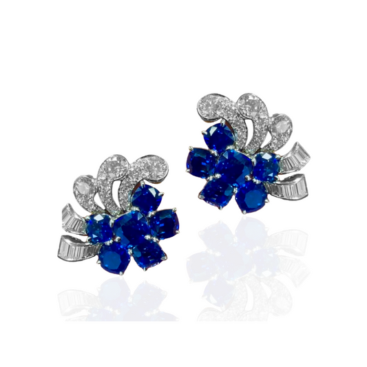 Post-1980s Platinum Sapphire & Diamond Earrings front view