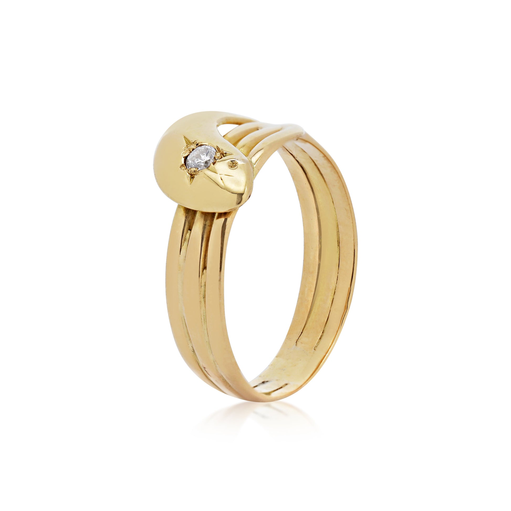 Edwardian 18KT Yellow Gold Snake Ring with Modern Diamond side