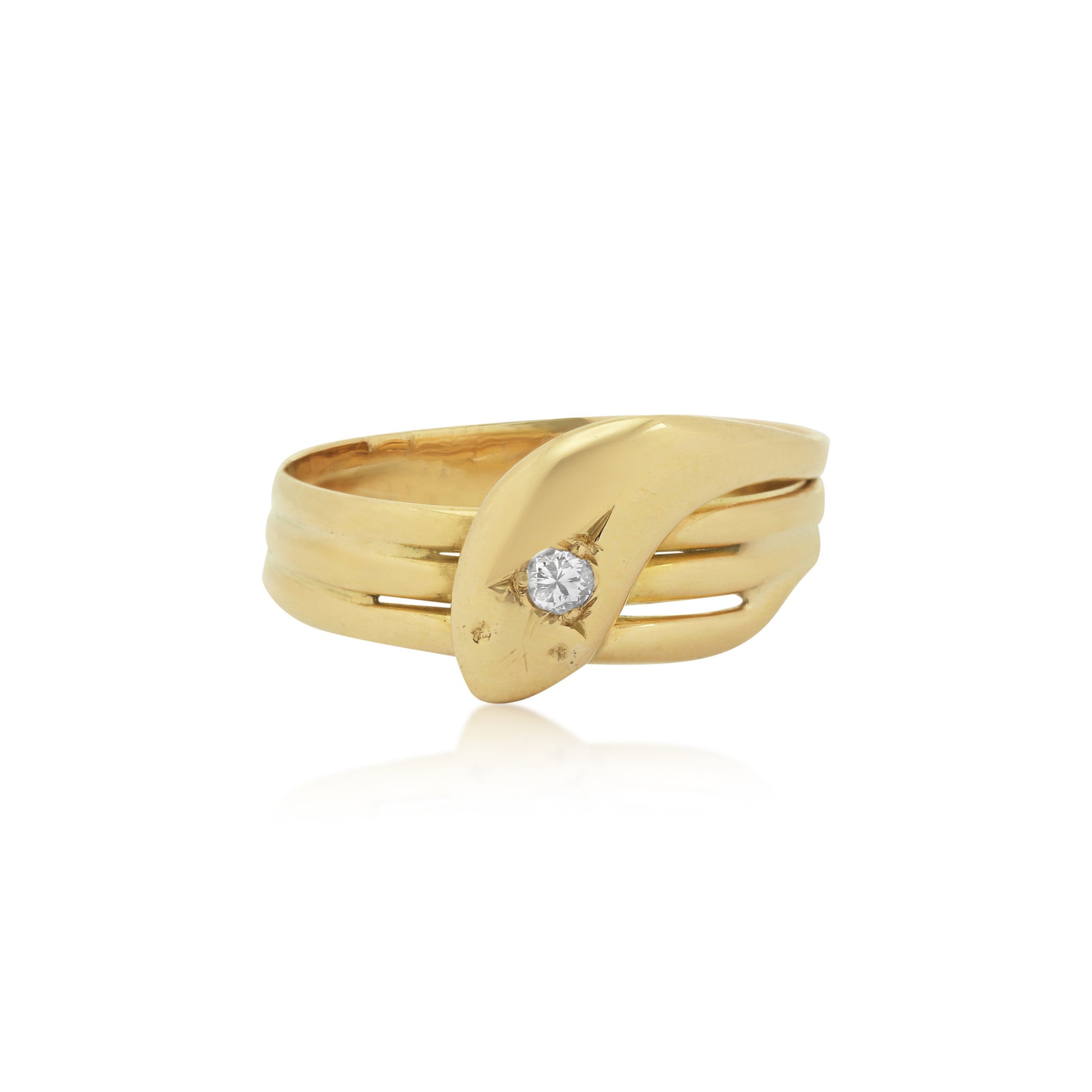 Edwardian 18KT Yellow Gold Snake Ring with Modern Diamond front