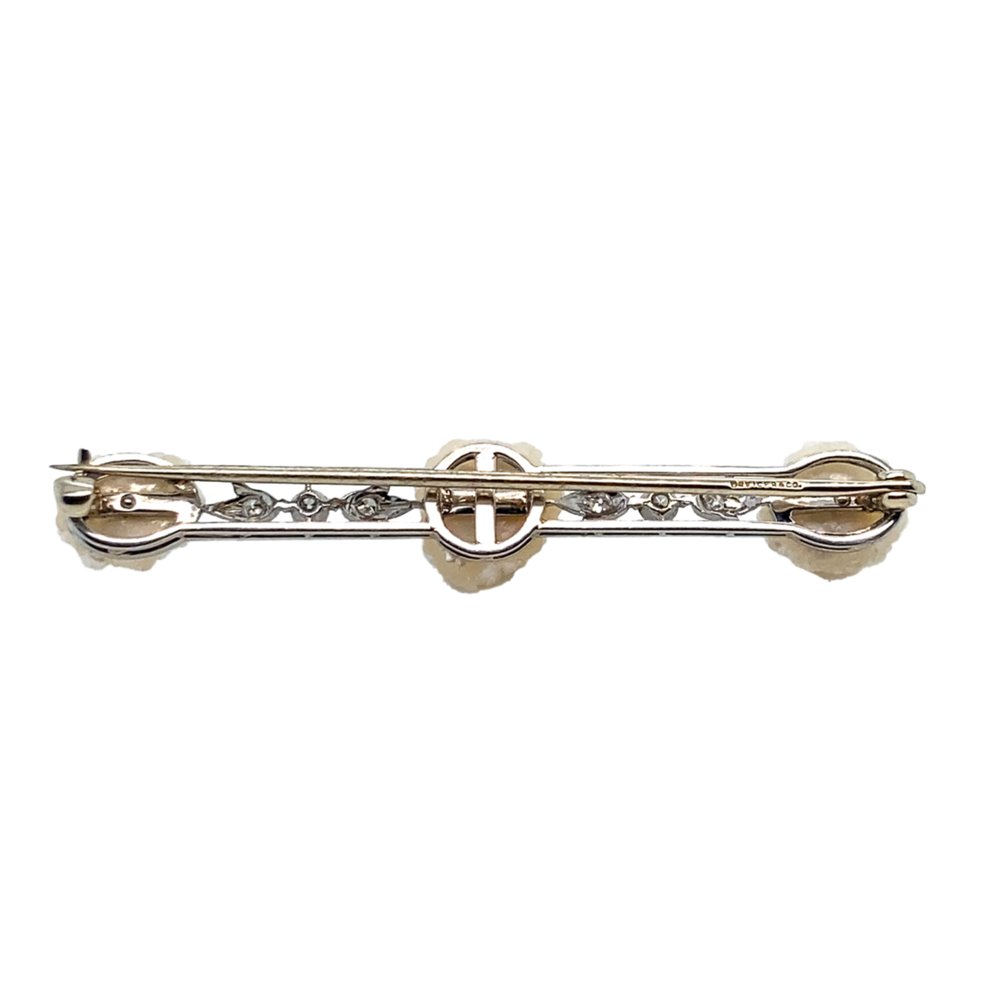 Dreicer & Co. Edwardian Platinum & 18KT Yellow Gold Natural Pearl & Diamond Brooch back