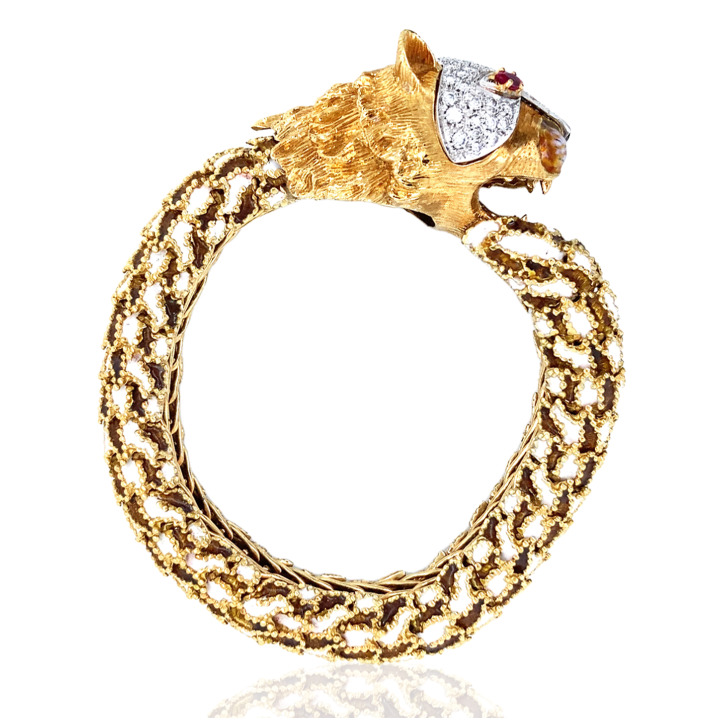 1970s 18KT Yellow Gold Diamond, Enamel & Ruby Panther Bracelet side