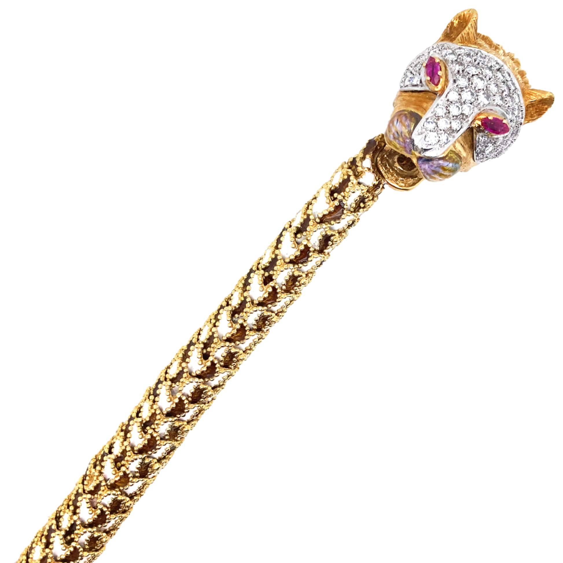 1970s 18KT Yellow Gold Diamond, Enamel & Ruby Panther Bracelet front