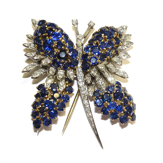 1950s Platinum & 18KT Yellow Gold Sapphire & Diamond Butterfly Brooch front