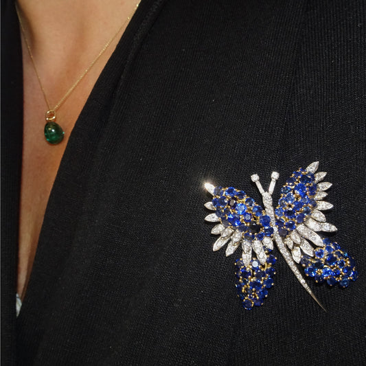 1950s Platinum & 18KT Yellow Gold Sapphire & Diamond Butterfly Brooch on blouse
