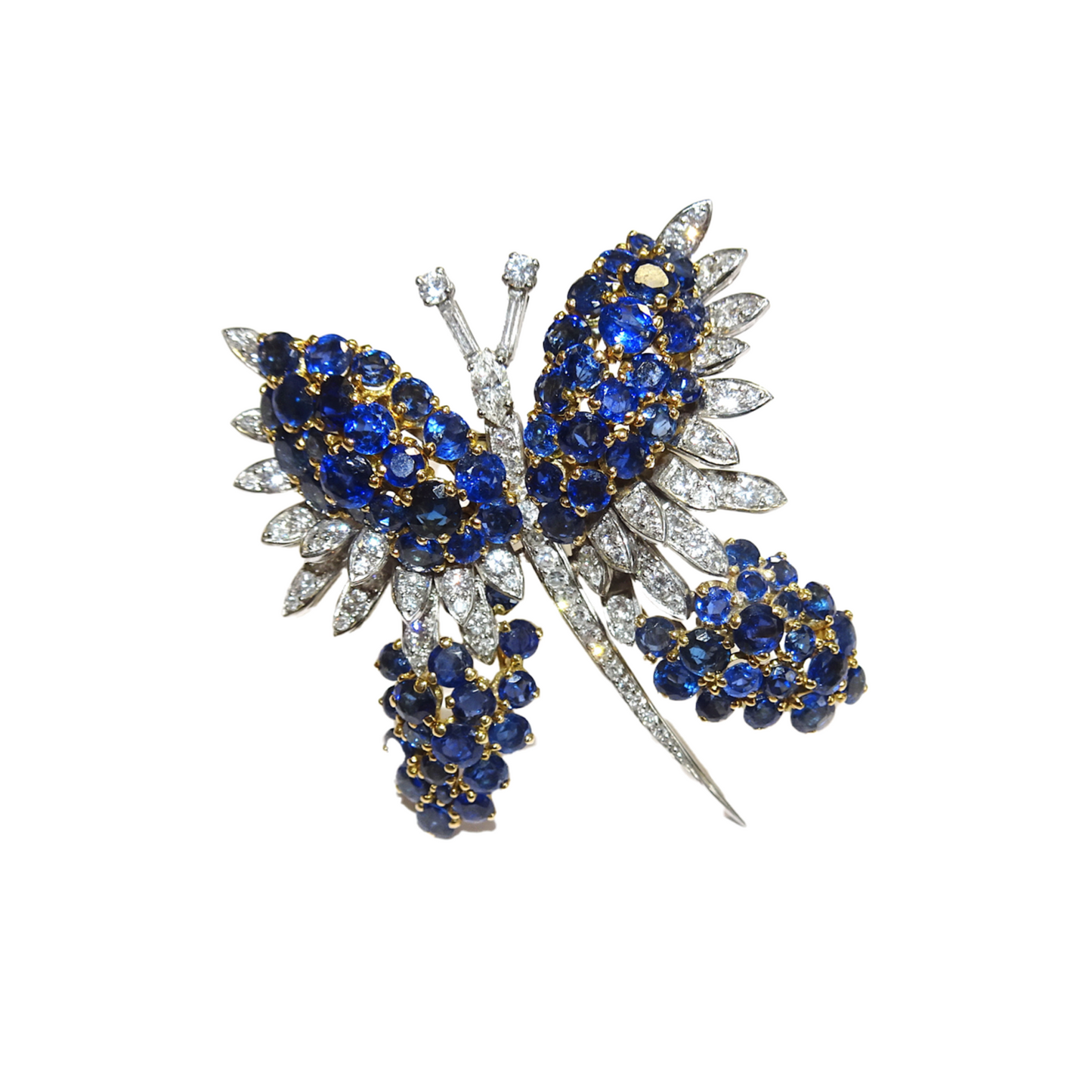 1950s Platinum & 18KT Yellow Gold Sapphire & Diamond Butterfly Brooch front