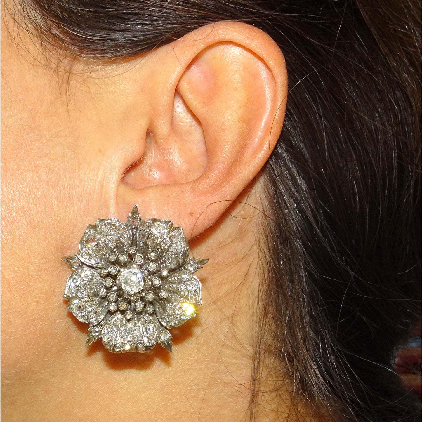 Victorian Rhodium Plated Diamond Flower Earrings on ear