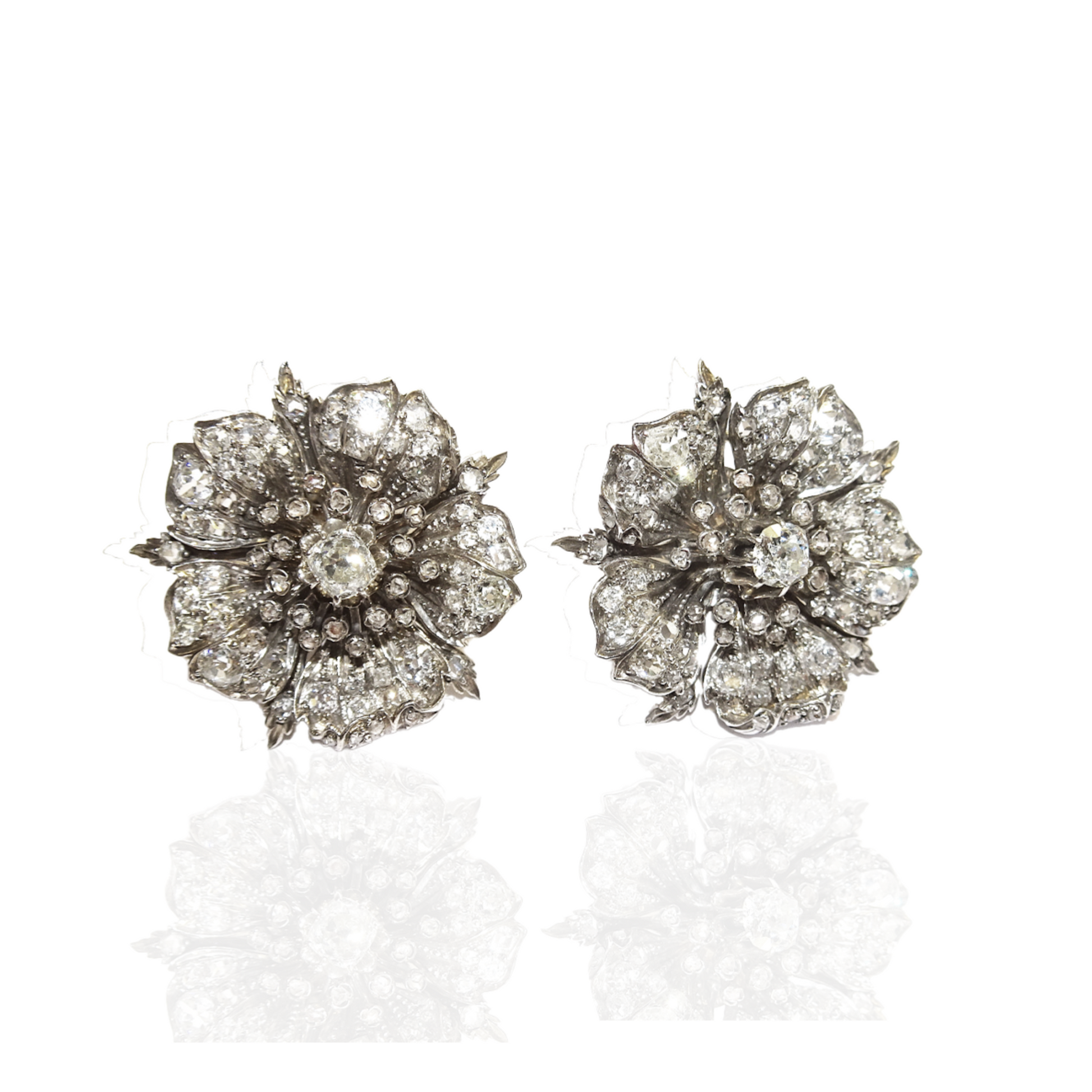 Victorian Rhodium Plated Diamond Flower Earrings Front