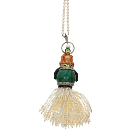 Sasportas Art Deco 18KT Yellow Gold Natural Pearl, Diamond, Enamel & Malachite Buddha Pendant Necklace front