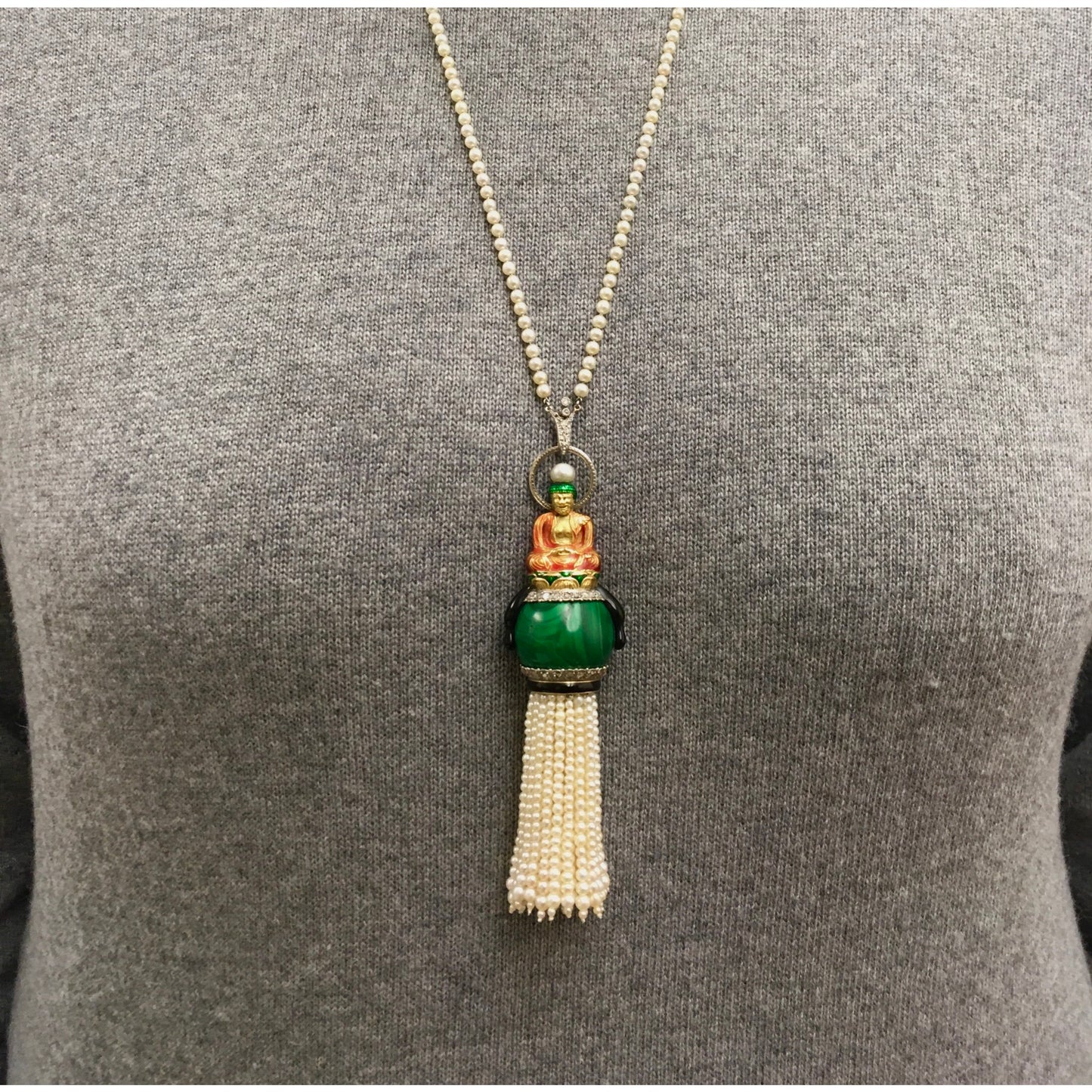 Sasportas Art Deco 18KT Yellow Gold Natural Pearl, Diamond, Enamel & Malachite Buddha Pendant Necklace on neck