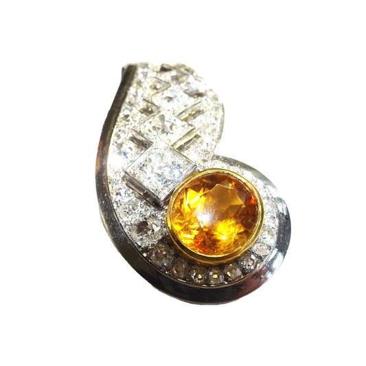 Rene Boivin French 1930s Platinum & 18KT Yellow Gold Citrine & Diamond Dress Clip front