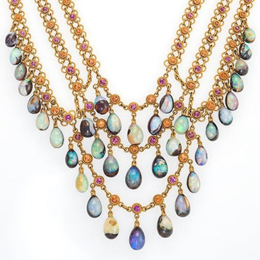 Art Nouveau 14KT Yellow Gold Opal & Garnet Necklace close-up details