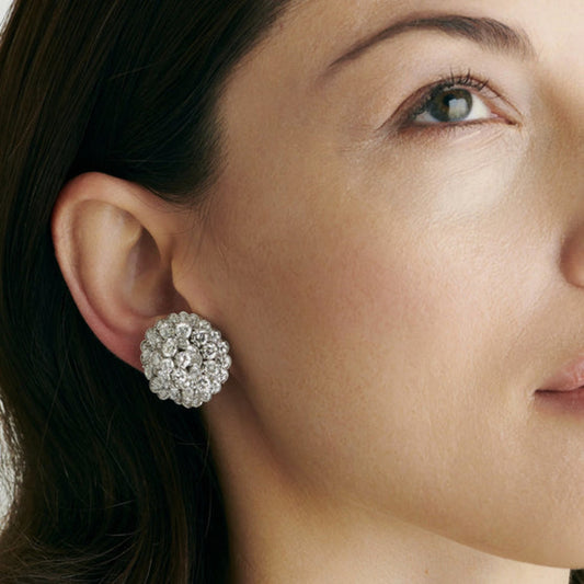 Van Cleef & Arpels French 1980s Platinum & 18KT White Gold Diamond Earrings on ear