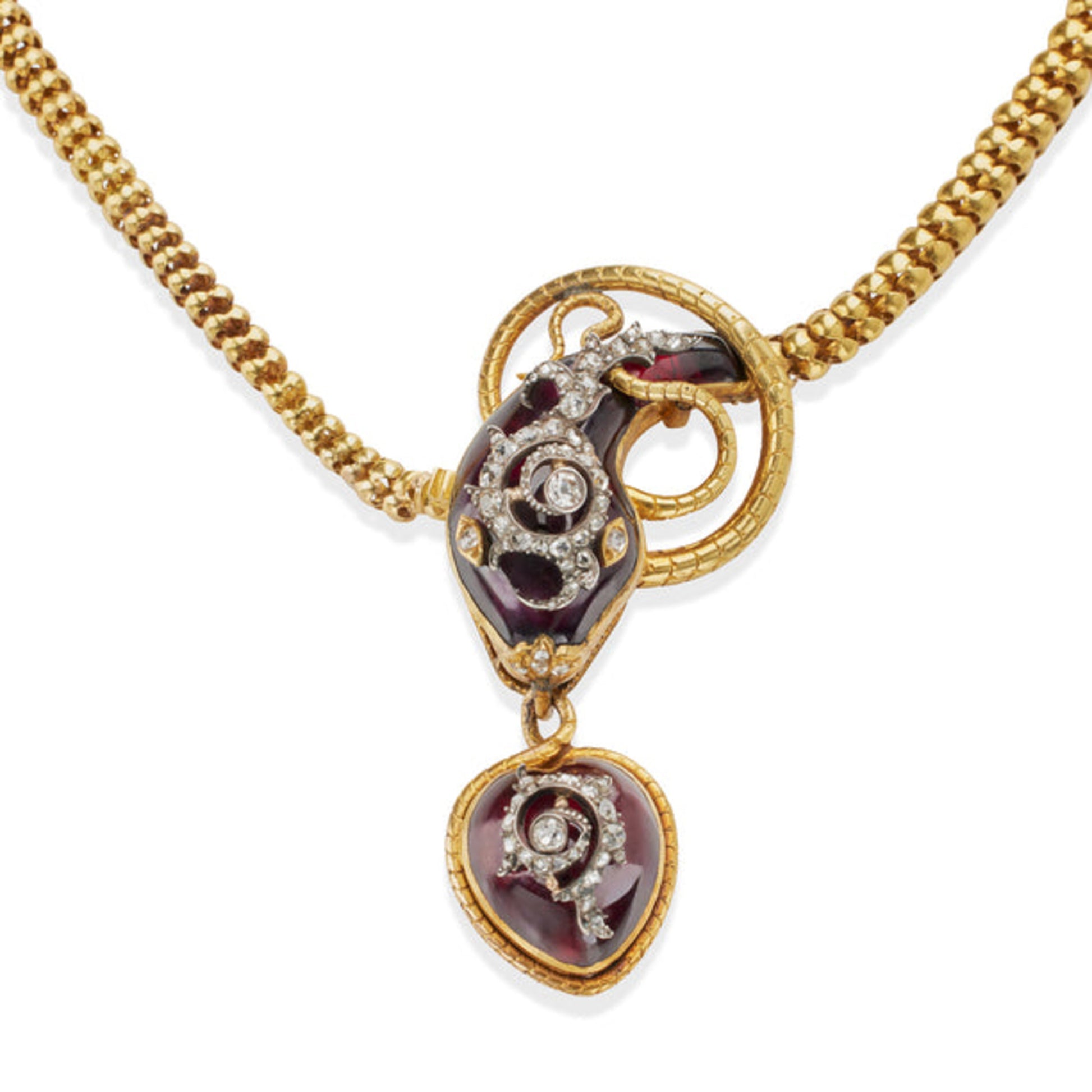 Victorian 18KT Yellow Gold Garnet & Diamond Snake Locket Necklace close-up details