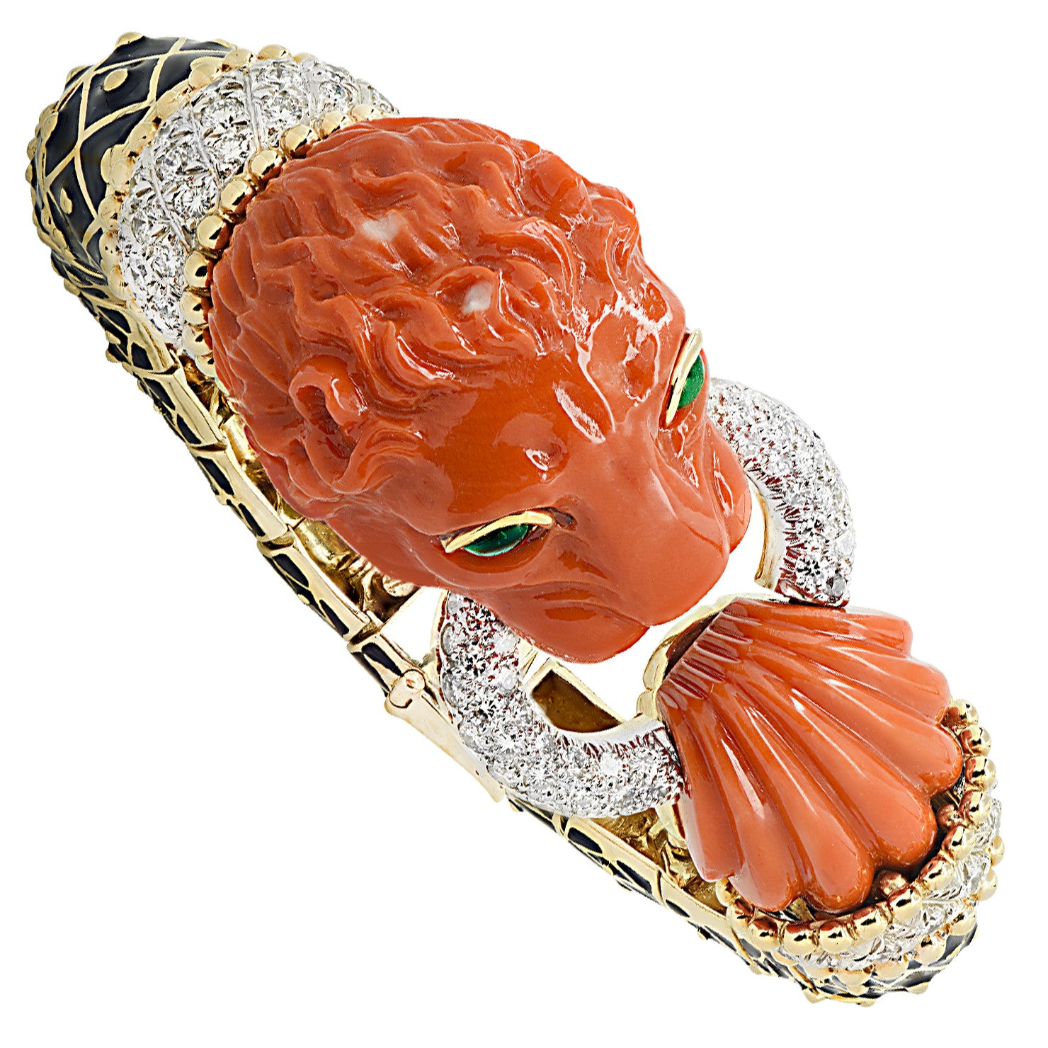 David Webb Post-1980s 18KT Yellow Gold Coral, Diamond, Emerald & Enamel Lion Bracelet top